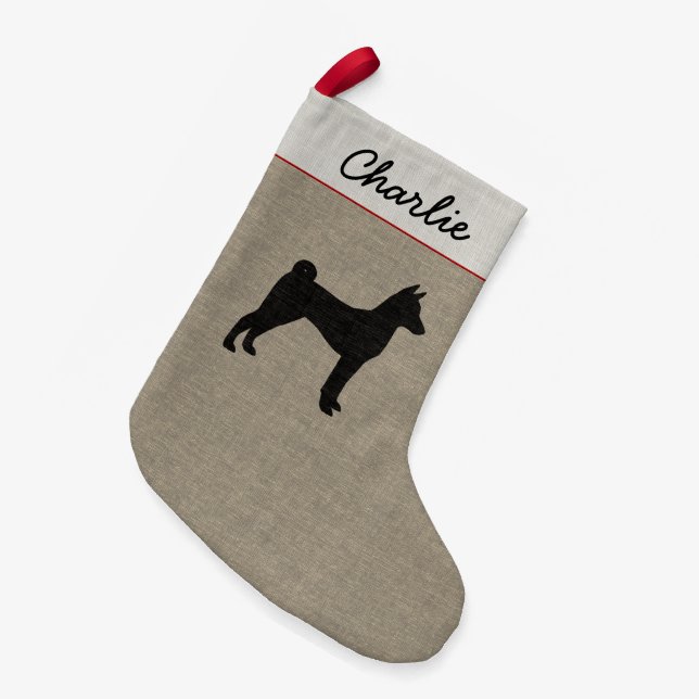 Basenji HundeSilhouette-personalisiertes Kleiner Weihnachtsstrumpf (Vorderansicht (hängend))