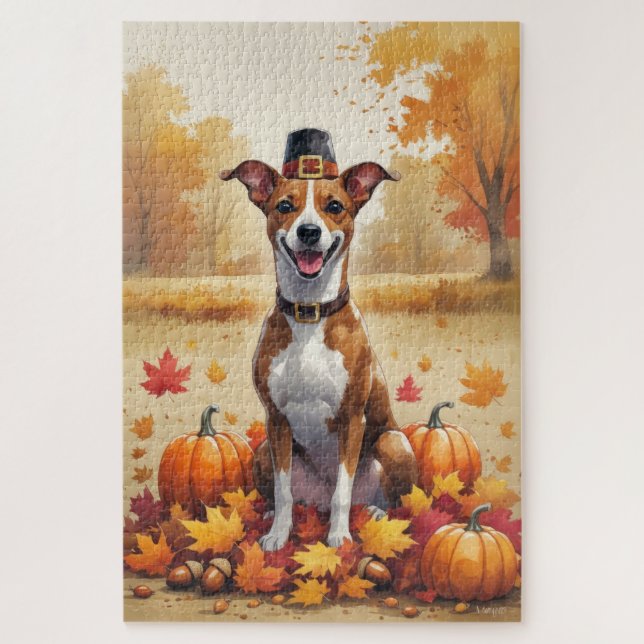 Basenji im Herbst hinterlässt Erntedank Art (Vertikal)