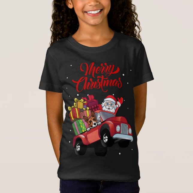 Basenji mit dem Weihnachtsmann in Red Truck Dog T-Shirt (Vorderseite)
