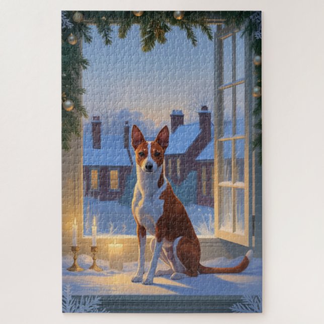 Basenji mit Weihnachtslichtern Urlaub (Vertikal)