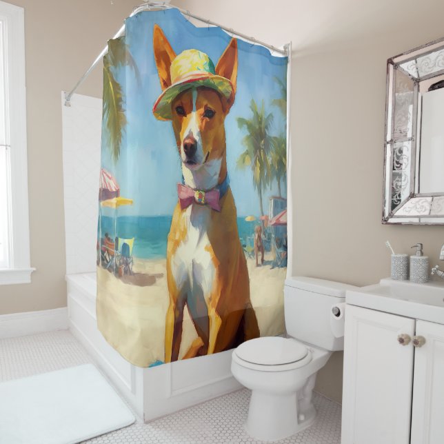 Basenji on Beach, Sommergeschenk für Hundefreunde Duschvorhang (Beispiel)
