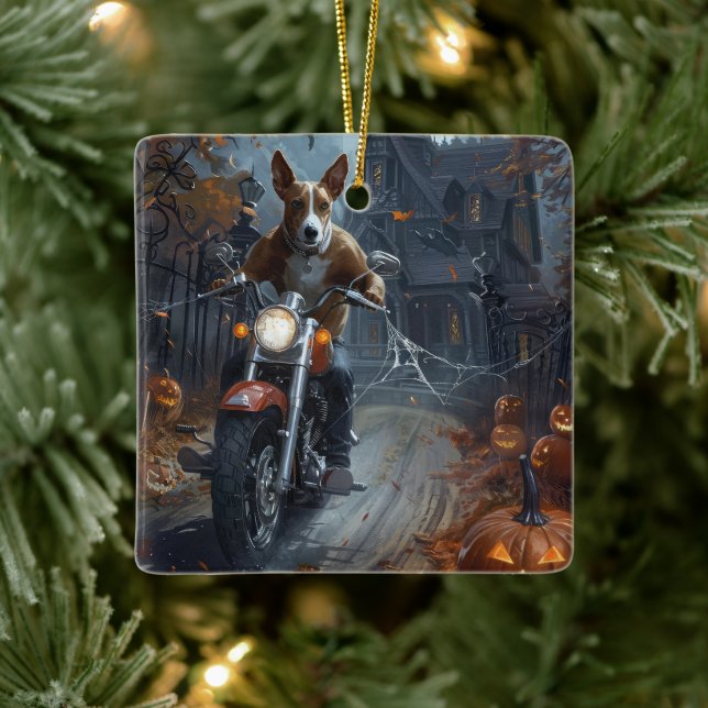 Basenji Riding Motorrad Halloween Beängstigend Keramikornament (Baum)