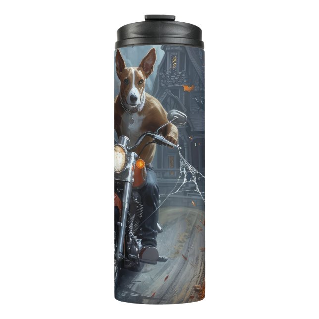 Basenji Riding Motorrad Halloween Beängstigend Thermosbecher (Vorderseite)