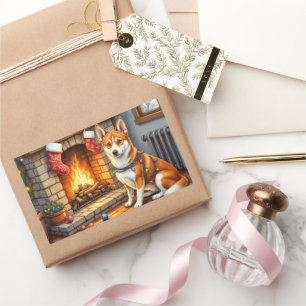 Basenji sitzt neben dem Kamin mit Weihnachtslichte Rechteckiger Aufkleber
