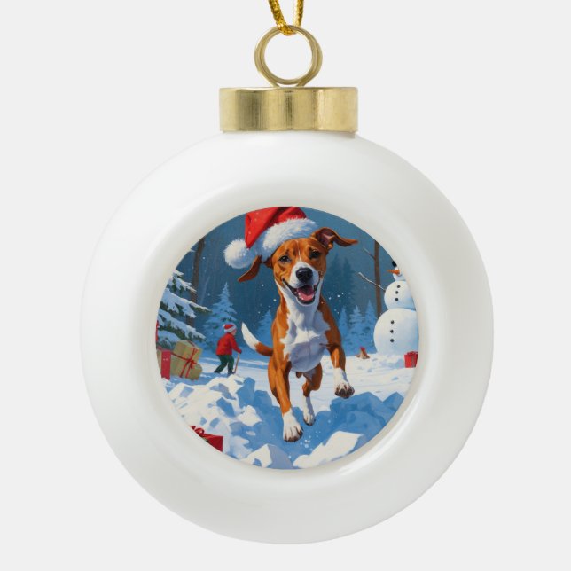 Basenji Weihnachtsfest Schneeszene Keramik Kugel-Ornament (Vorderseite)