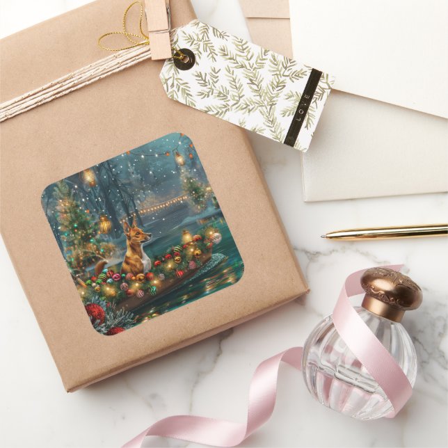 Basenji Weihnachtsreise Quadratischer Aufkleber (Schenken)