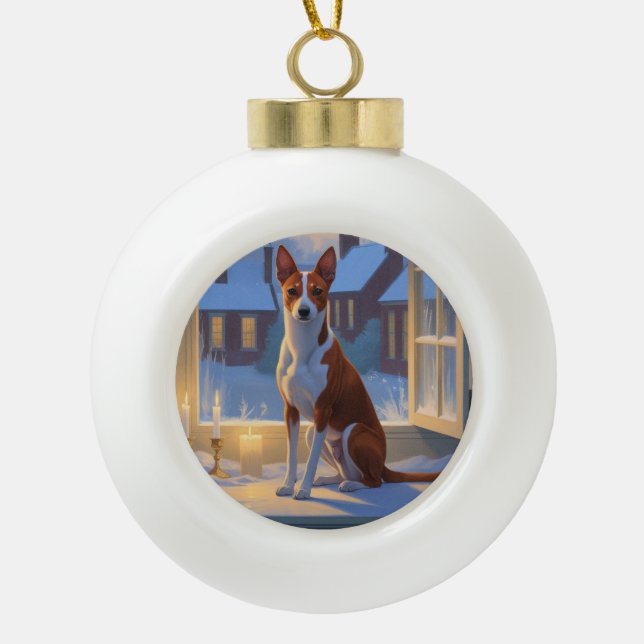 Basenji With Christmas Lights Holiday Keramik Kugel-Ornament (Vorderseite)
