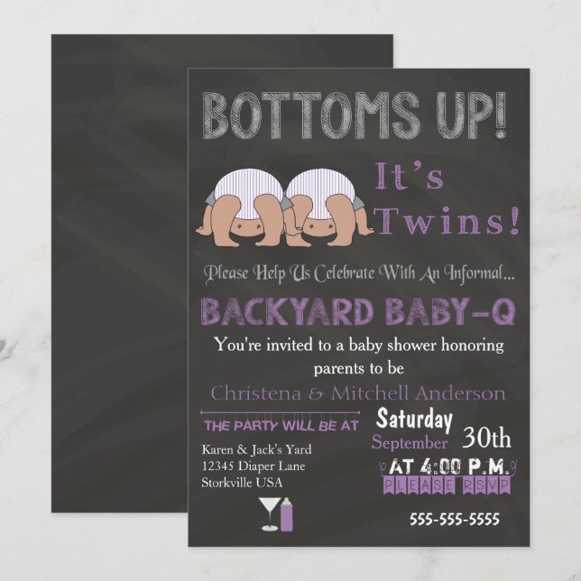 Bases Twins Baby-Q Baby shower Invitation (Devant / Derrière)