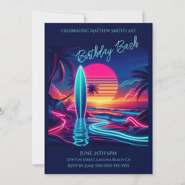 Bash-Sunset Surfboard Neon Lights- Einladung (Vorderseite)
