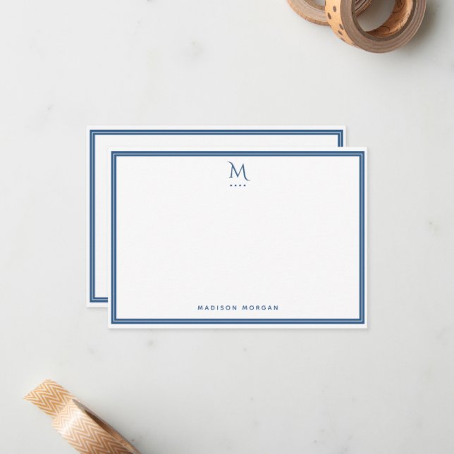 Basic Monogram Navy Blue Border Personalized  Mitteilungskarte (Vorderseite/Rückseite Beispiel)