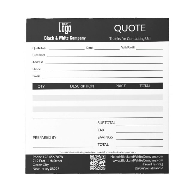 Basic Professional Service Business Black Quote  Notizblock (Vorderseite)
