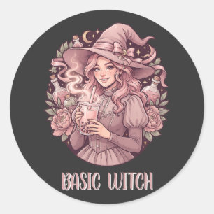 Basic Witch Pink Boba Tea Coquette Halloween Runder Aufkleber
