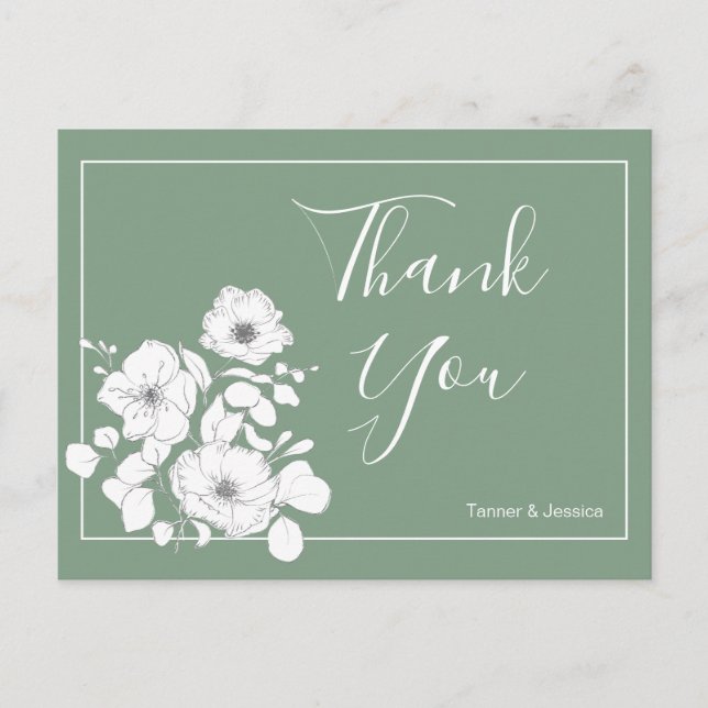 Basil Green und White Floral Wedding Vielen Dank Postkarte (Vorderseite)
