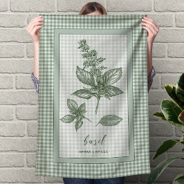 Basil Herb Kitchen Towel – Green Gingham Border Geschirrtuch
