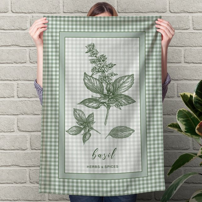 Basil Herb Kitchen Towel – Green Gingham Border Geschirrtuch (Basil Herb Kitchen Towel – Green Gingham Border)