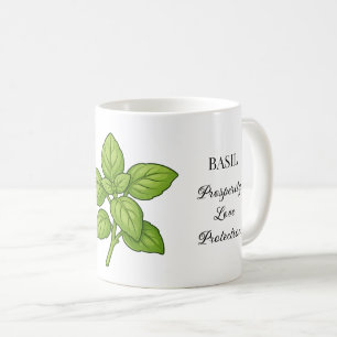 Basilikum-Kräuter-Illustration und Verwendungen Kaffeetasse