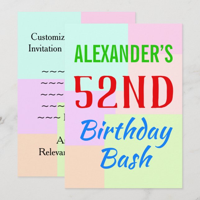 Basique "52e anniversaire Bash" Invitation d'anniv (Devant / Derrière)