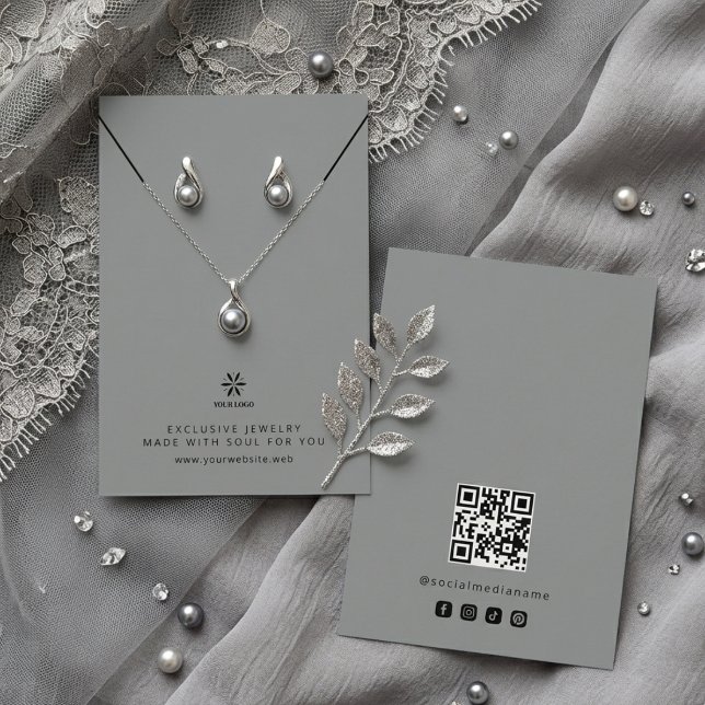Basisch Cool Grau Schmuck Display Logo TMF26 Visitenkarte (Basic Minimalist Cool Gray Jewelry Display Card Template, featuring Business Logo.)