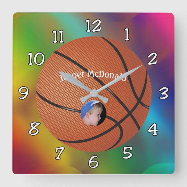 Baskeball Multi-farbiges Bkgrd-Foto Personalisiere Quadratische Wanduhr (Vorderseite)
