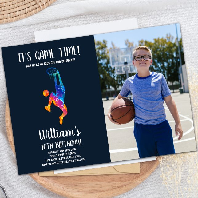 Basket-ball coloré Invitation d'anniversaire avec  (Basket Colors Basketball Birthday Invitations phot)