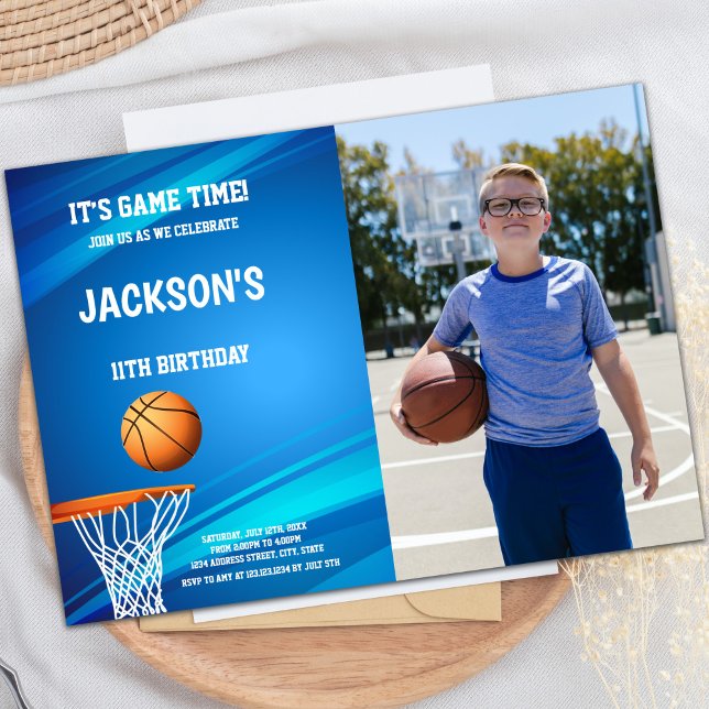 Basket Blue Back Basketball Einladungen mit Foto (Basket Blue back Basketball Invitations with photo)