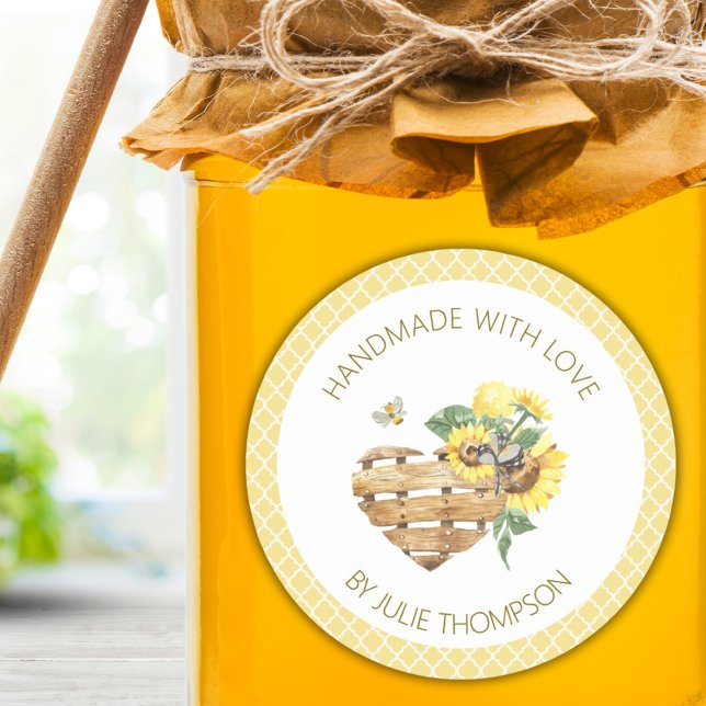 Basket Heart & Honeycomb 🌻 Custom Honey Runder Aufkleber (Basket Heart & Honeycomb 🌻 Custom Honey Classic Round Sticker)