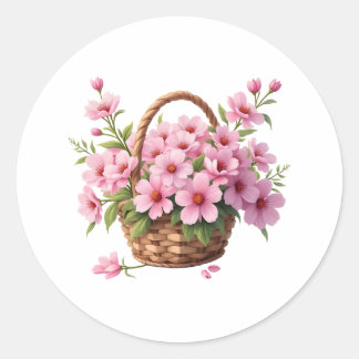 Basket with Pink Cherry Blossom Flowers  Runder Aufkleber