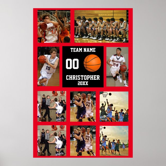 Basketball 10 Foto Collage Roter Teamname Poster (Vorne)