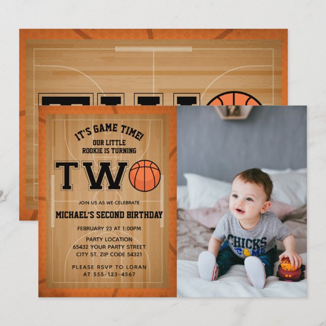 Basketball 2. Geburtstag Foto Einladung (Vorne/Hinten)