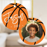 Basketball add custom photo keramik ornament<br><div class="desc">Ceramic ornament featuring a basketball with your custom name in a cool font with the year below. On the back is a photo frame with your custom photo.</div>
