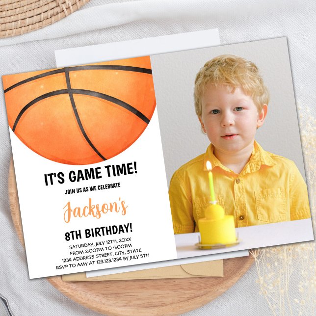 Basketball Anniversaire Invitation avec photo (Half watercolor Basketball Invitations with photo)