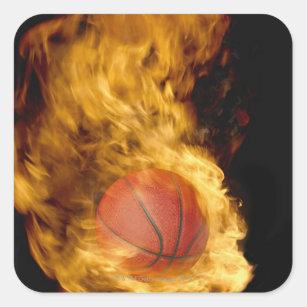 Basketball auf Feuer (digitale Zusammensetzung) Quadratischer Aufkleber