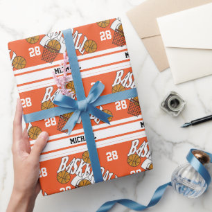 Basketball auf Orange- und Weißstreifenpapier Geschenkpapier