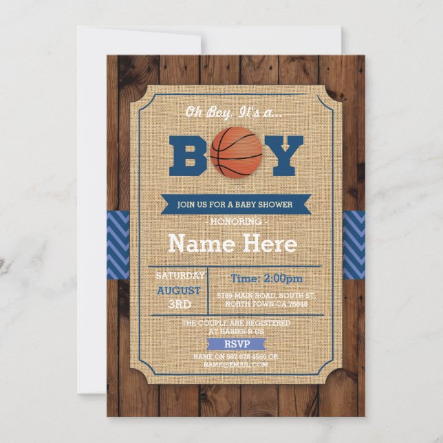 Basketball Babydusche Oh Boy Blue Wood Einladung (Vorderseite)