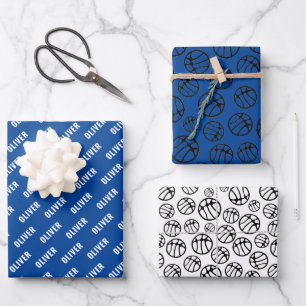 Basketball Ball Muster Blau Name Geschenkpapier Set