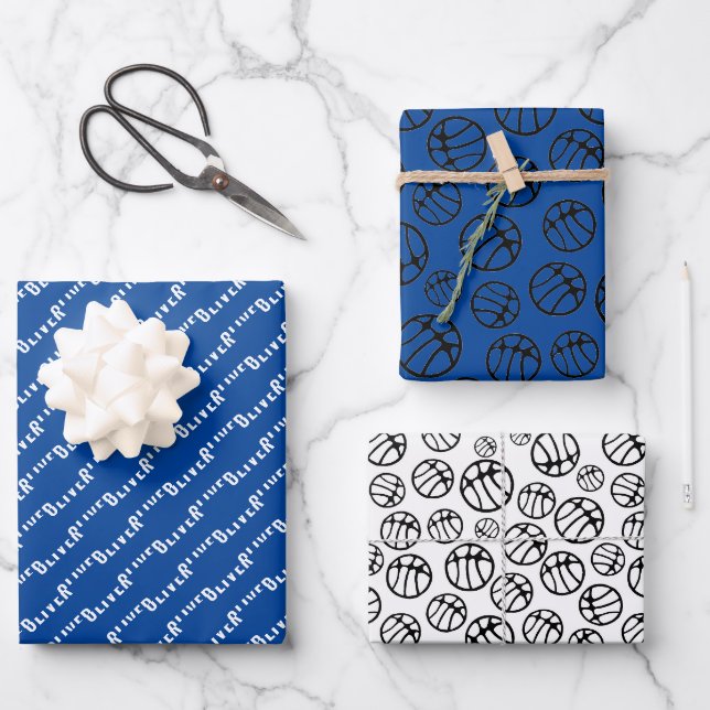 Basketball Ball Muster Blauer Name Geschenkpapier Set (Vorderseite)