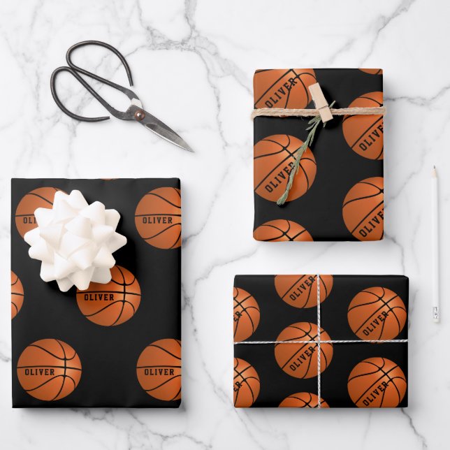 Basketball Ball Muster Kinder Geburtsname Geschenkpapier Set (Vorderseite)