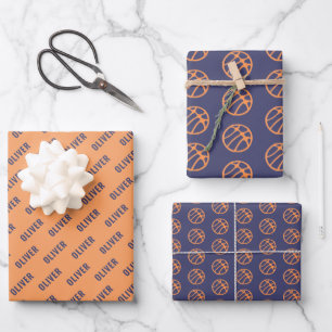 Basketball Ball Muster Lila Orange Name Geschenkpapier Set