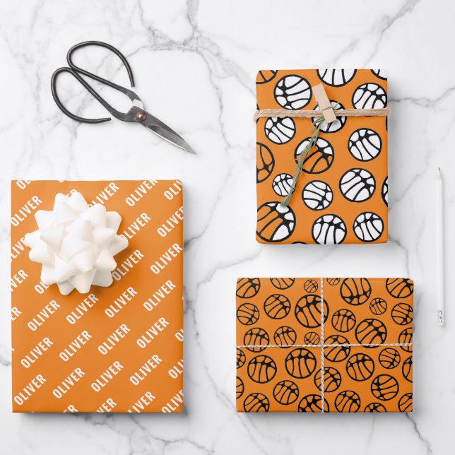 Basketball Ball Muster Orange Name Geschenkpapier Set (Vorderseite)