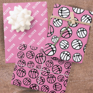 Basketball Ball Muster Pink Name  Geschenkpapier Set