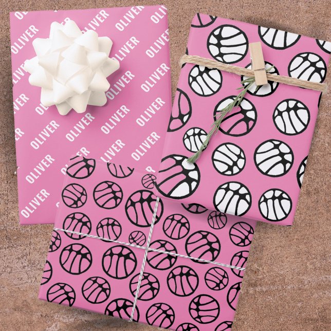 Basketball Ball Muster rosa Name Geschenkpapier Set (Von Creator hochgeladen)