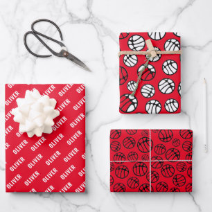 Basketball Ball Muster Roter Name Geschenkpapier Set