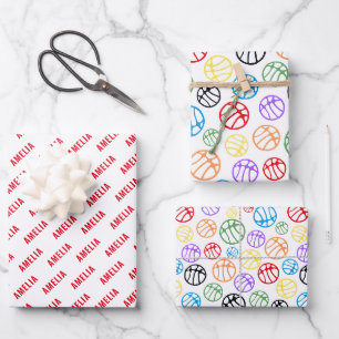 Basketball Ball Muster Sport Bunt Name Geschenkpapier Set