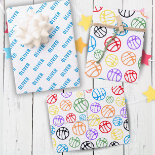 Basketball Ball Muster Sport Bunt Name Geschenkpapier Set