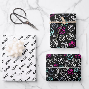 Basketball Ball Muster Sport Schwarz und Weiß Name Geschenkpapier Set