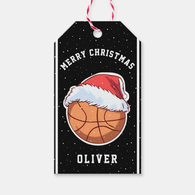 Basketball Ball Weihnachtsmannmütze Name Frohe Wei Geschenkanhänger (Vorderseite)