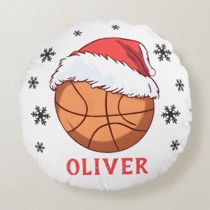 Basketball Ball Weihnachtsmannmütze Snowflake Name Rundes Kissen