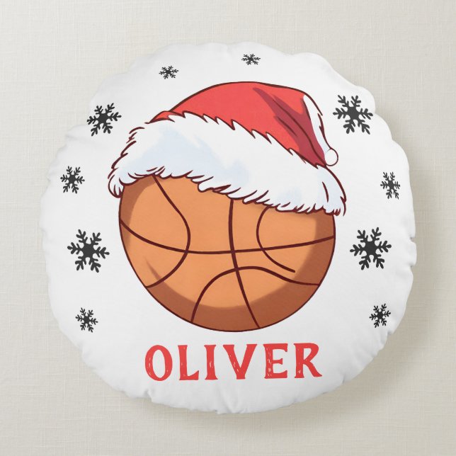 Basketball Ball Weihnachtsmannmütze Snowflake Name Rundes Kissen (Vorderseite)