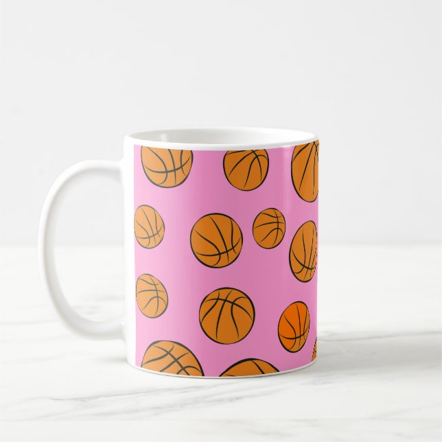 Basketball-Balls-Muster auf rosa Hintergrund Kaffeetasse (Links)