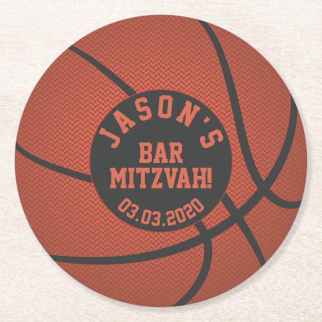 Basketball Bar Mitzvah Orange Schwarz Runder Pappuntersetzer (Vorderseite)